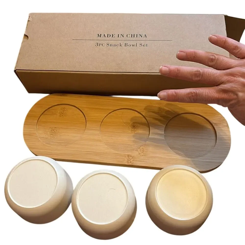 Home Bamboo Snack Bowl Set 4 Pc White Serving Bowls Tray NIB Appetizer